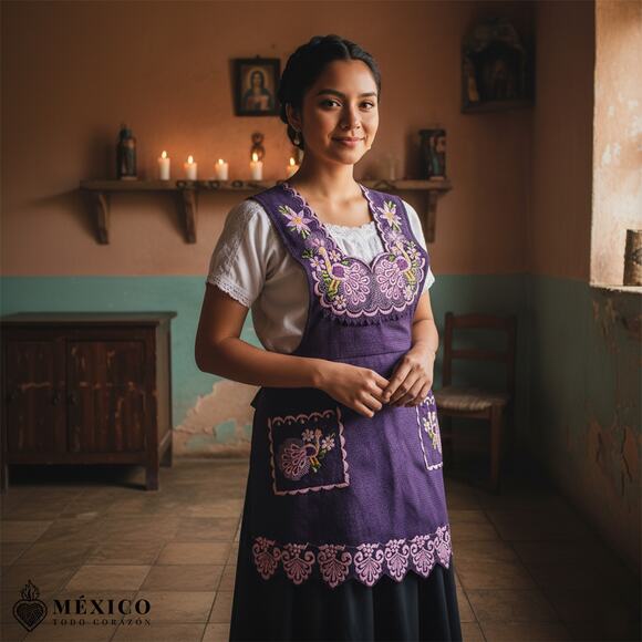 Purple Mexican Embroidered Apron – Standard Kitchen Apron Floral Embroidery - Picture 1 of 9